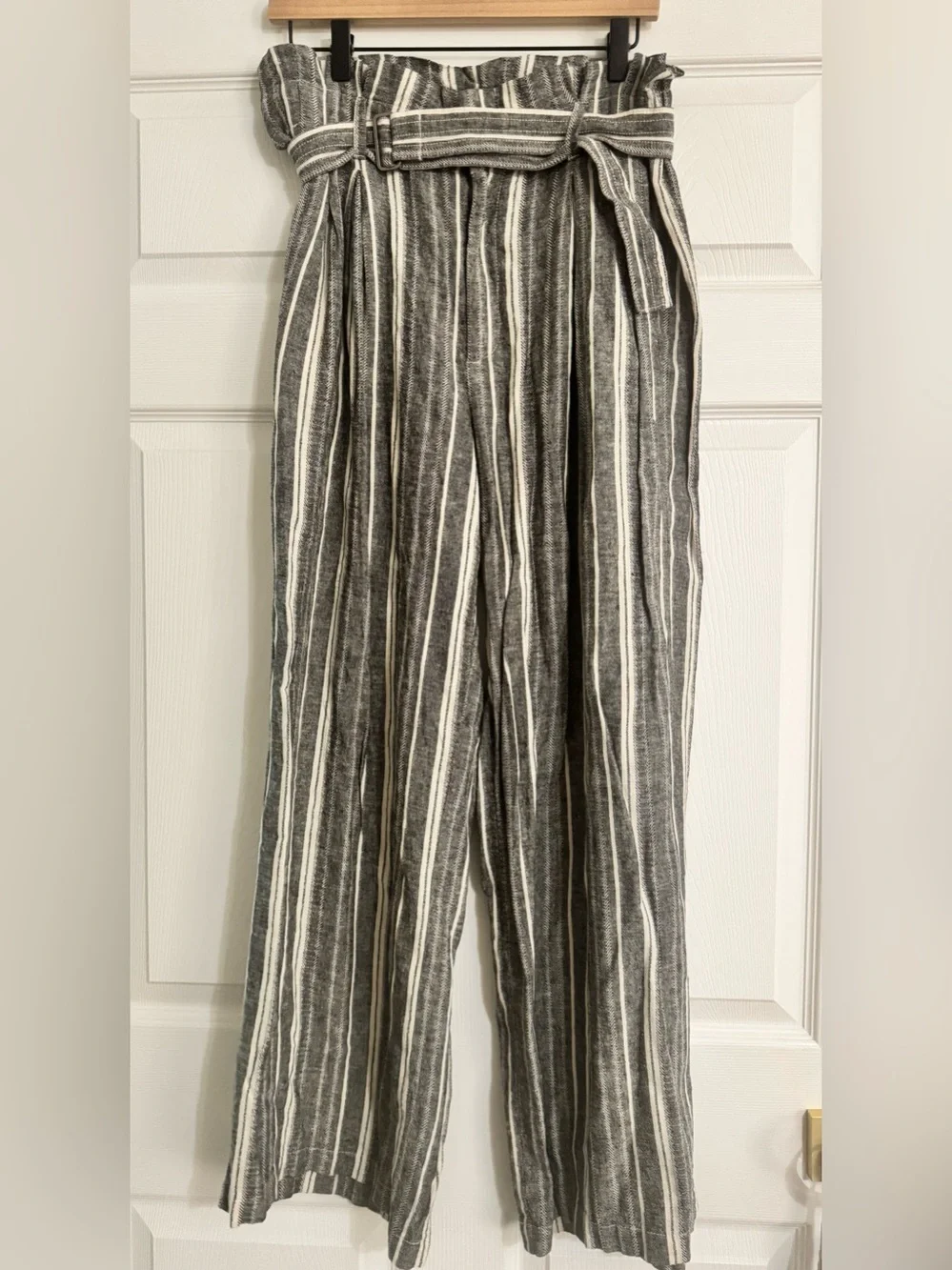 Banana Republic Linen Blend Wide Leg Paperbag Pants Striped Belted Size 8